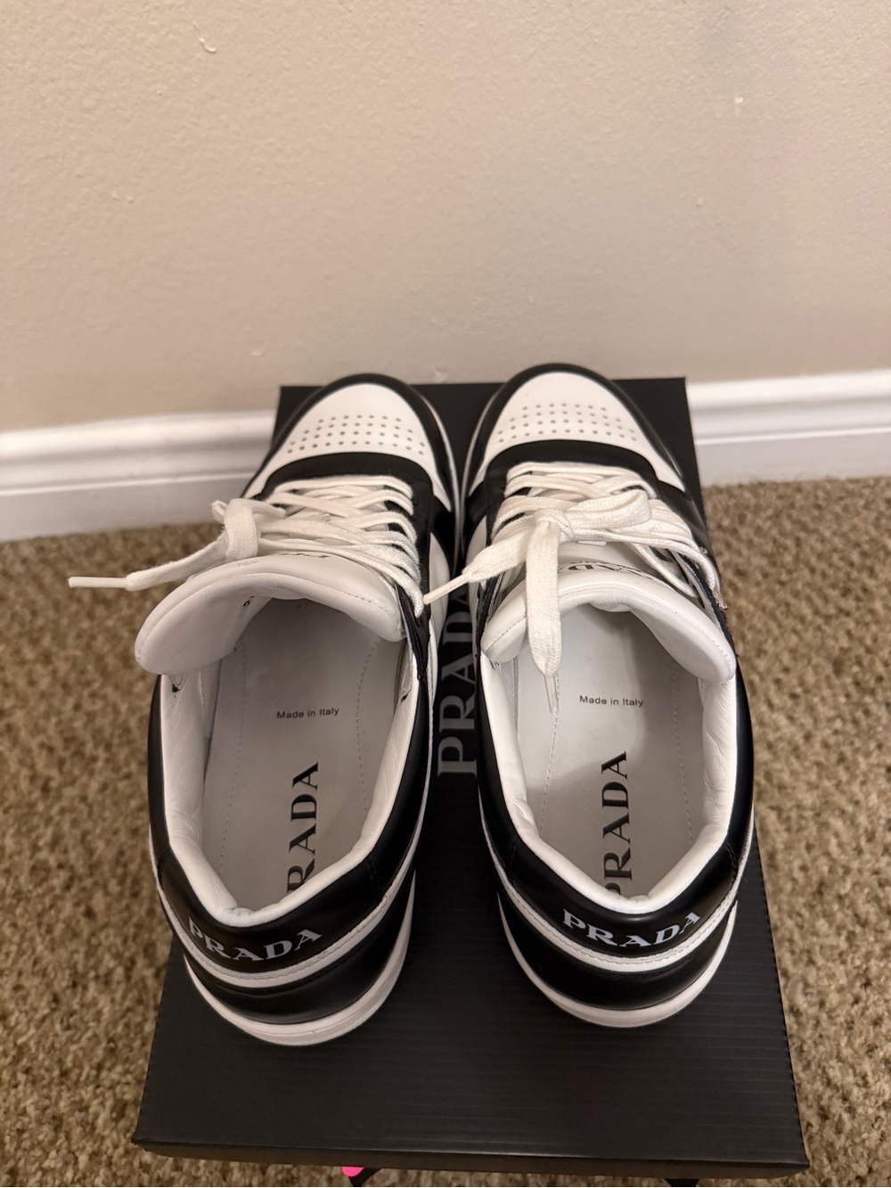 Prada Black and White Low-Top Leather Sneakers - Picture 7 of 11